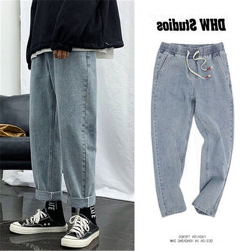 Aidase Spring And Autumn Elastic Waist Jeans Men's Loose All-Match Straight Pants Large Size Casual Falling Wide Leg 9-Point PantS 2021 aidase-shop